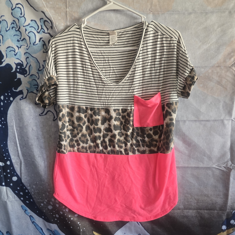Striped and Leopard Print Top with Pink Accent